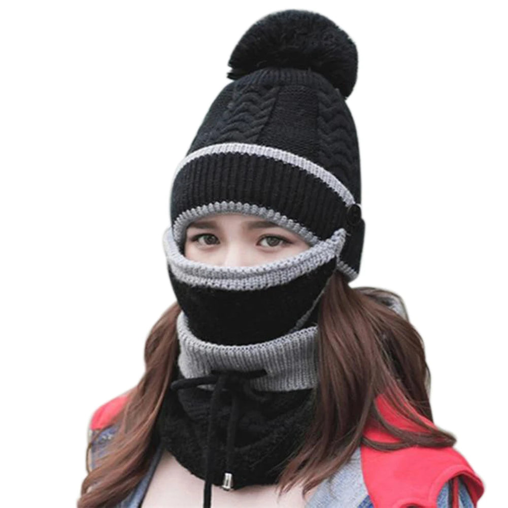 Women's Black Scarf Hat Mask Set