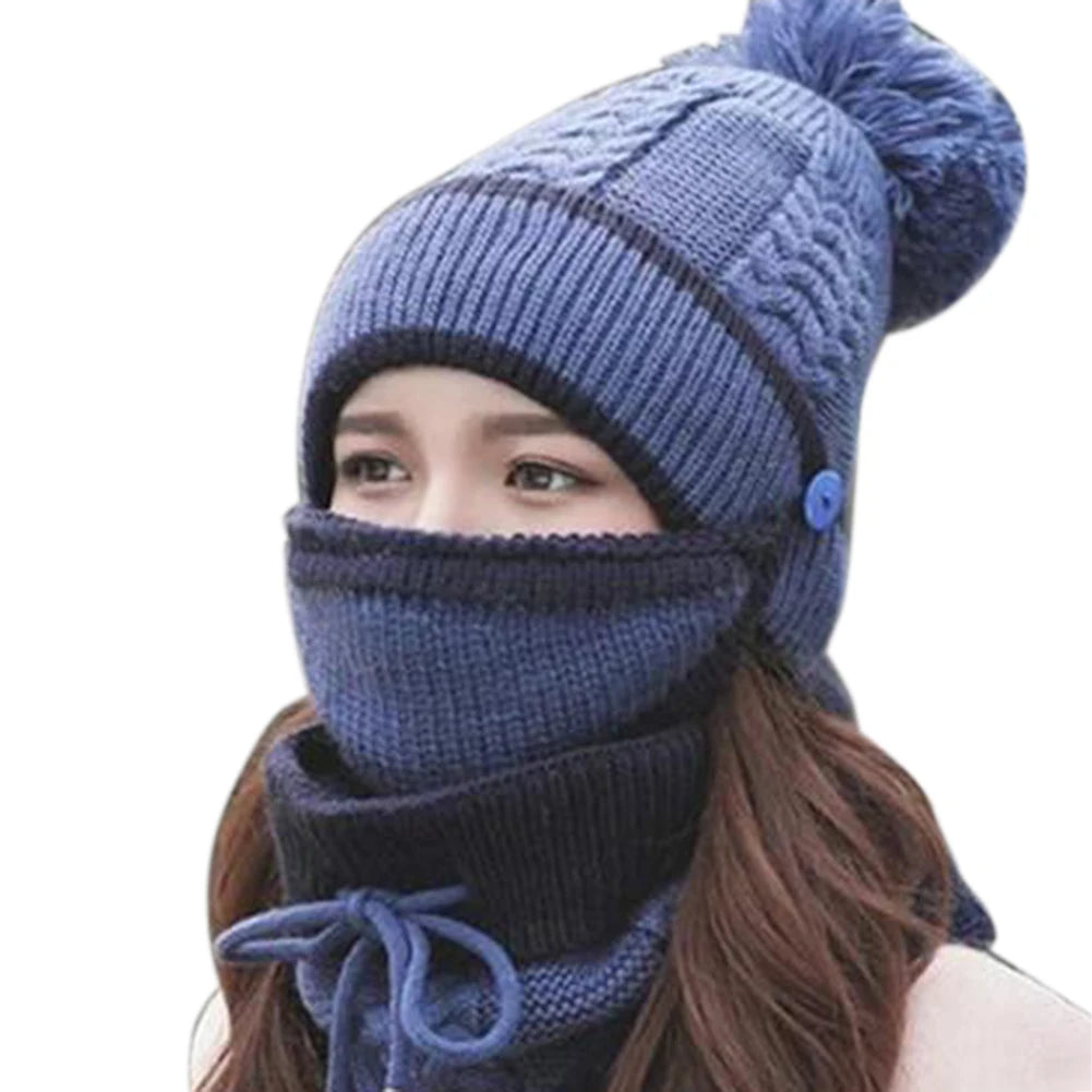 Women's Blue Scarf Hat Mask Set