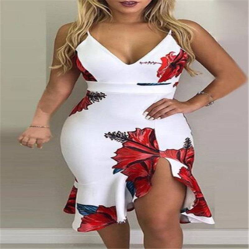 Women's Floral Print Multicolor Knee Length Sundress Red Model View