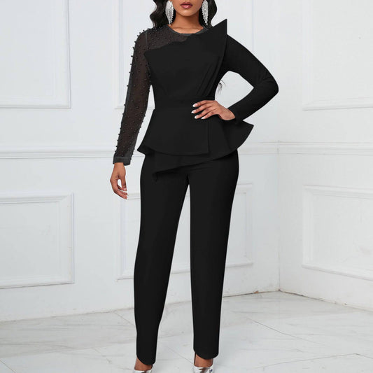 Women's Elegant Black Peplum Jumpsuit with Pearl Sheer Mesh Sleeve – Chic Formal & Evening Wear S-3x - Clothing Personality
