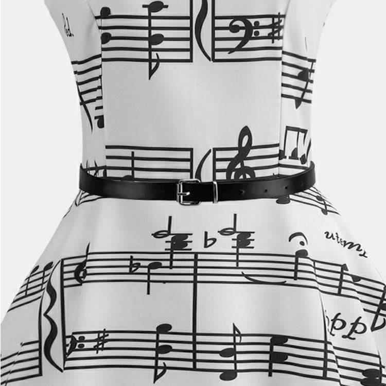 Women's Musical Print Retro Knee Length Sleeveless Dress Close Up View