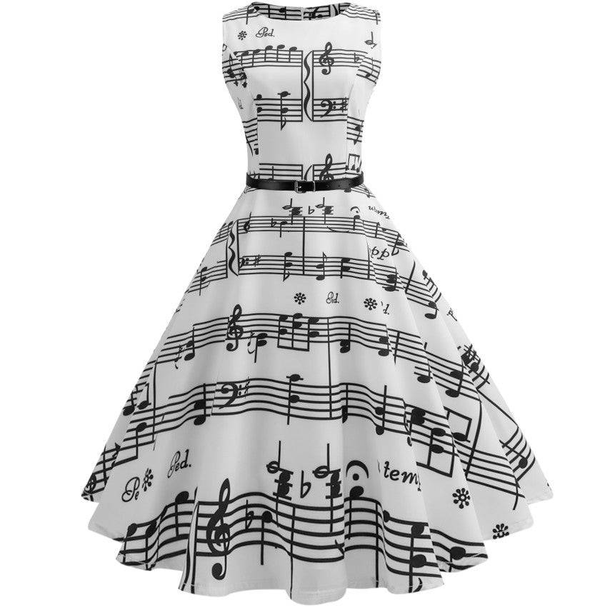 Women's Musical Print Retro Knee Length Sleeveless Dress Front View
