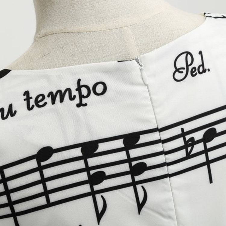 Women's Musical Print Retro Knee Length Sleeveless Dress Zipper 