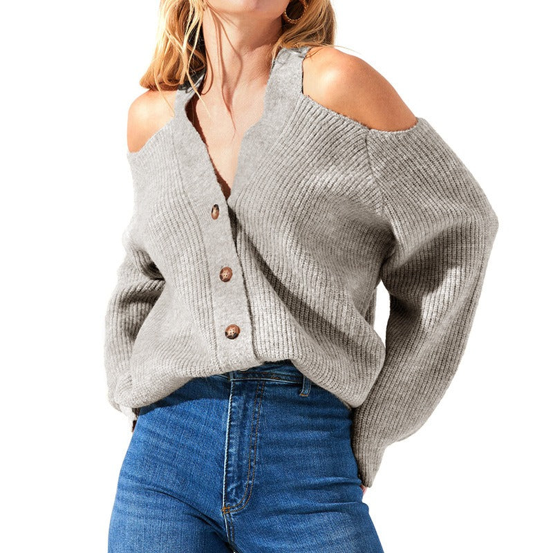 Women's Sexy Shoulderless Sweater Cardigan Gray