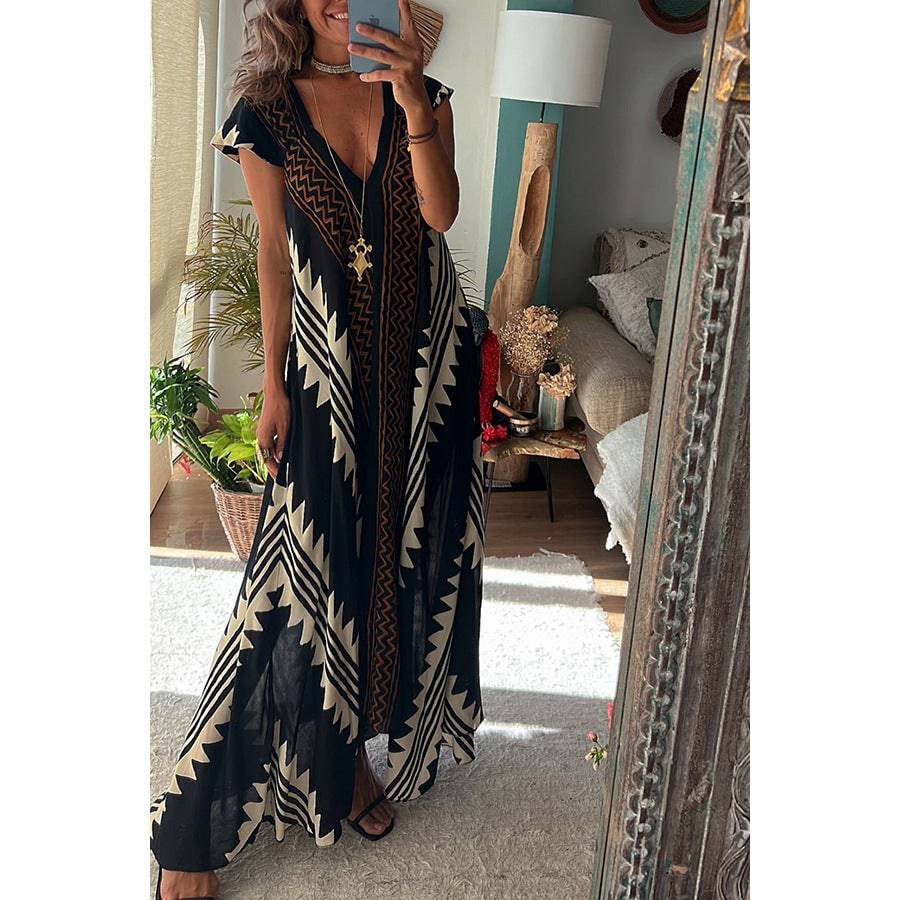 Women's Short Sleeve Maxi Print Striped Dress Blue