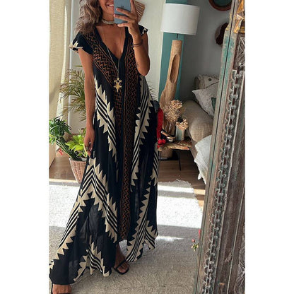 Women's Short Sleeve Maxi Print Striped Dress Blue