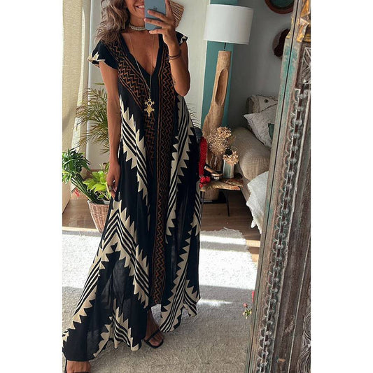Women's Short Sleeve Maxi Print Striped Dress Blue