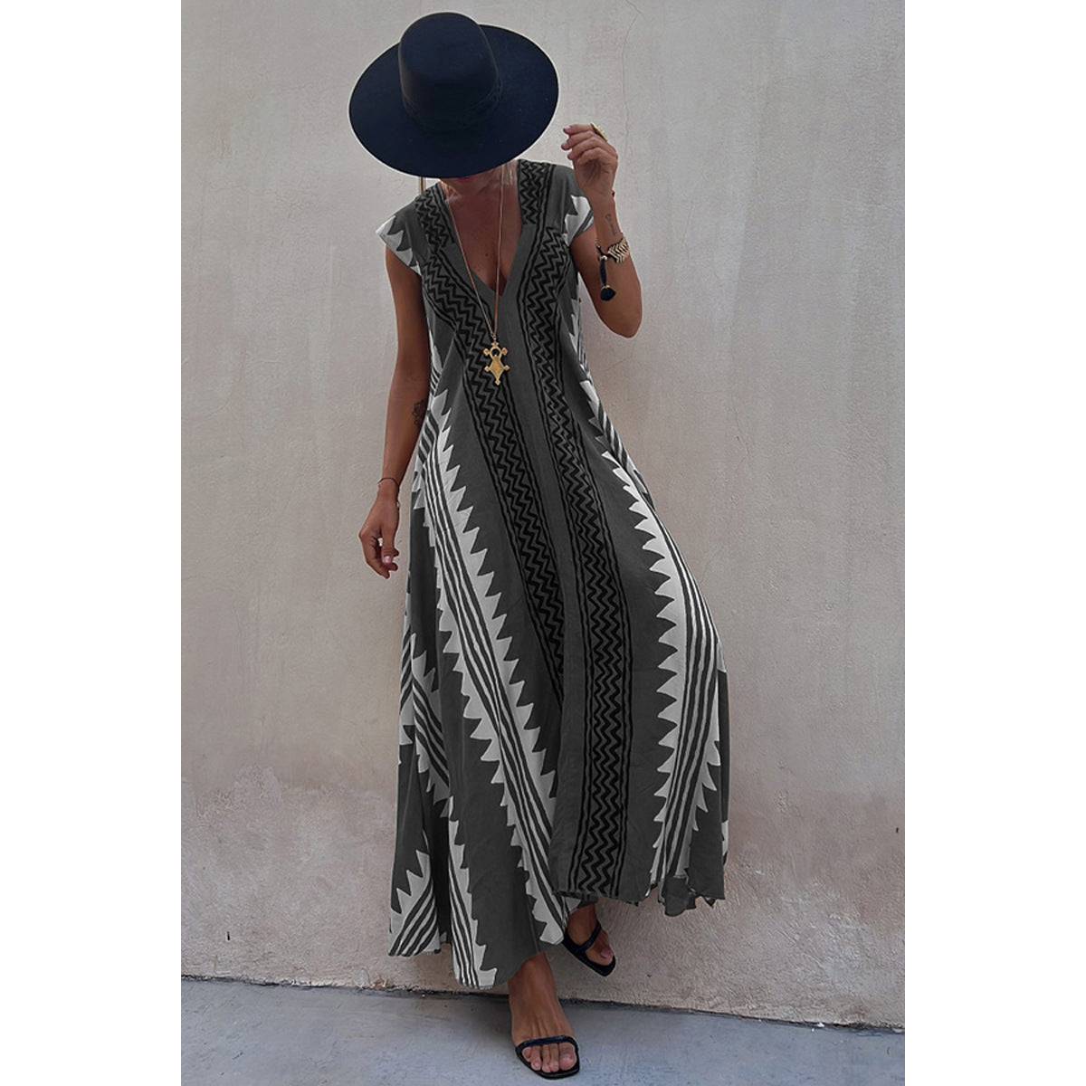 Women's Short Sleeve Maxi Print Striped Dress Gray