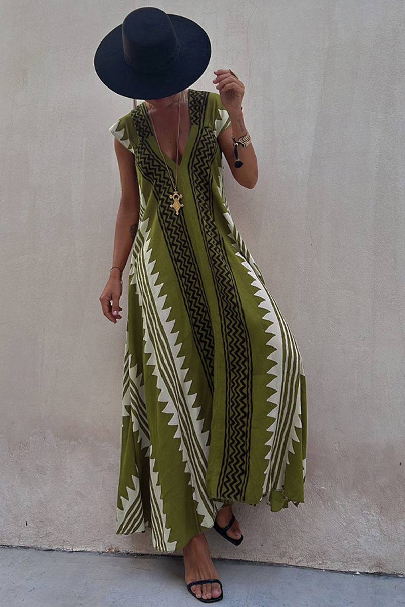 Women's Short Sleeve Maxi Print Striped Dress Green