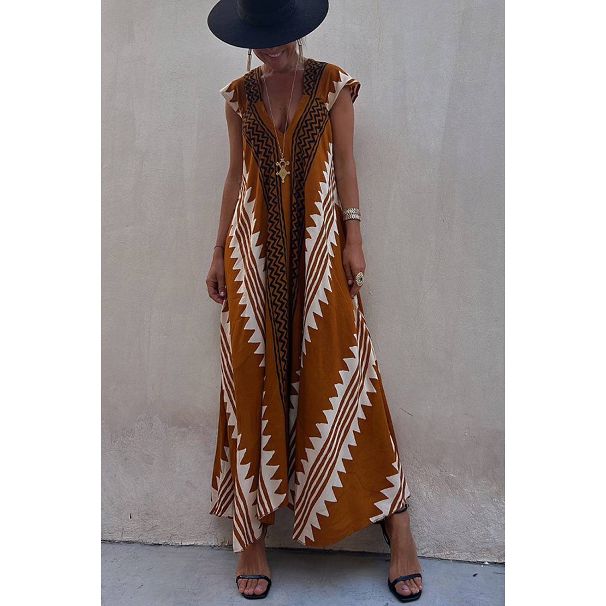 Women's Short Sleeve Maxi Print Striped Dress Orange