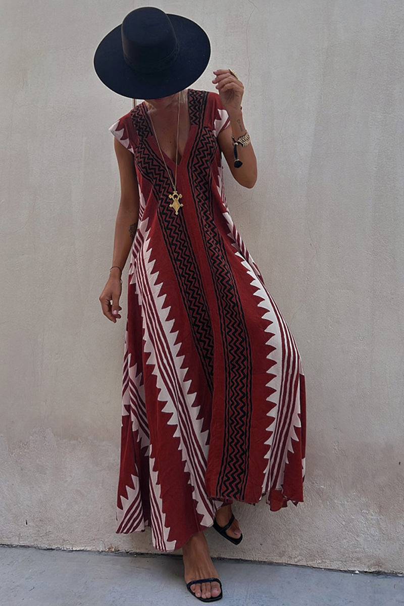 Women's Short Sleeve Maxi Print Striped Dress Red