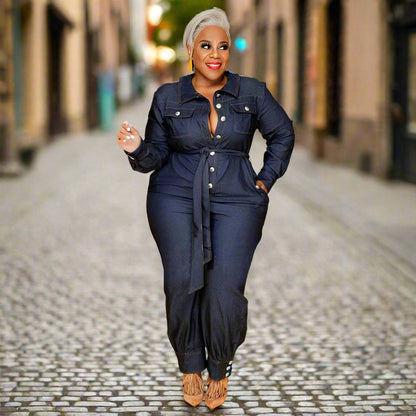 Women's Blue Denim Button Up Belted Jumpsuit