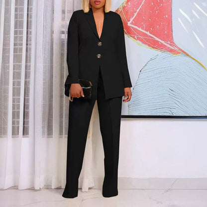 Women's Solid Color Suit Collar Two Button Two-piece  Pants Set Suit Business