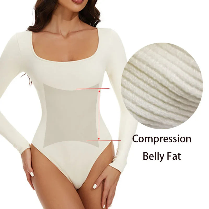 GUUDIA Spandex Elastic Body Suit Shapewear Women Body Shaper Tummy Control Long Sleeve Open Crotch Big U Neck Seamless Shapers