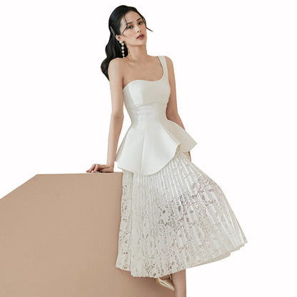 One-shoulder Asymmetric Long Suit Dinner Party White Dress Skirt Women - Clothing Personality