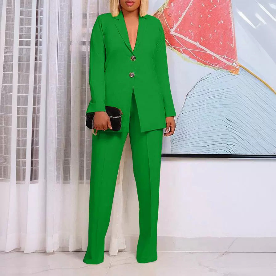 Women's Solid Color Suit Collar Two Button Two-piece  Pants Set Suit Business