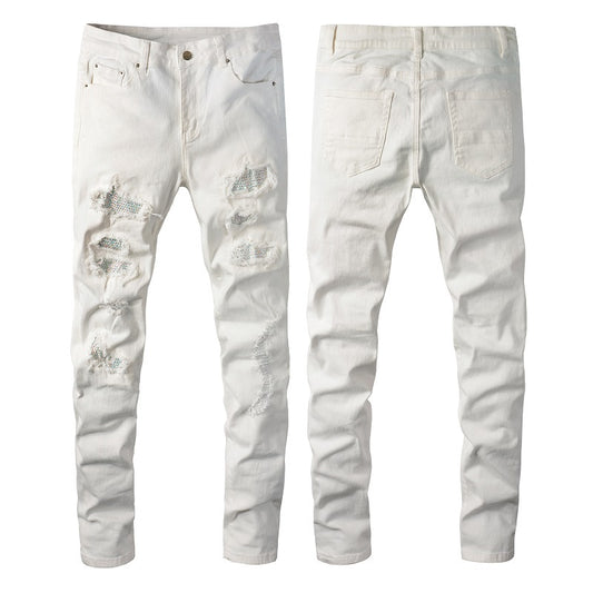 Hot Drill Patch Hole White Slim-fit Pants Male - Clothing Personality