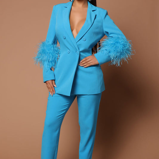 Women's Ostrich Fur Two-piece Lapel Pants Suit - Clothing Personality