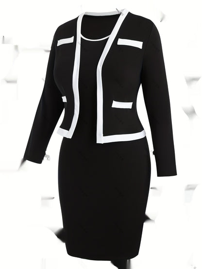 Women's Color Matching Three-quarter Sleeve Top And Hip Skirt Two-piece Set
