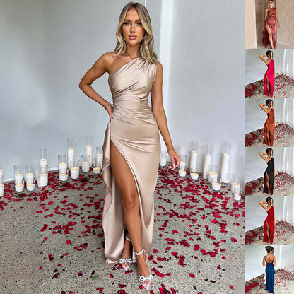 Sexy One-Shoulder Backless Slit Dress Summer Elegant Slim-fit Solid Color Satin Dresses For Women - Clothing Personality 