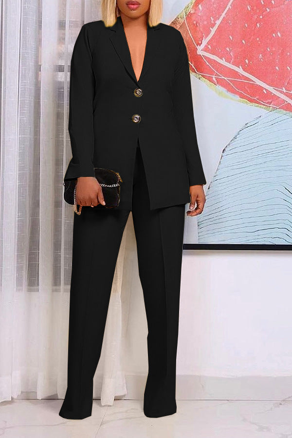 Women's Solid Color Suit Collar Two Button Two-piece  Pants Set Suit Business
