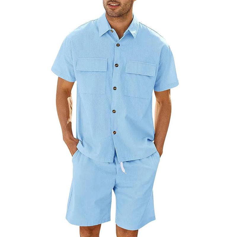 Summer Suits Men Short Sleeve Lapel Pockets Shirt And Drawstring Shorts Sports Fashion Leisure Men's Clothing - Clothing Personality