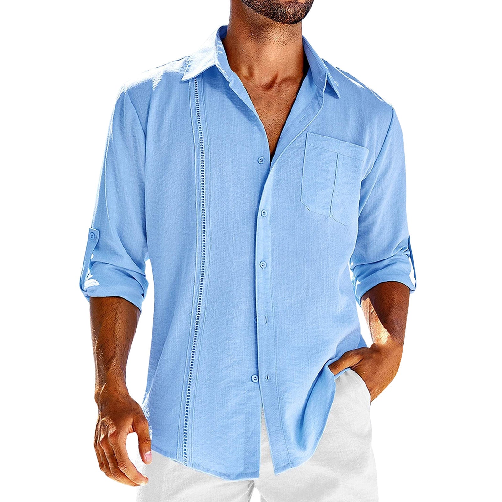 Casual  Long Sleeve Shirt With Pocket Lace Polo Collar Solid Color Button Mens Clothing - Clothing Personality