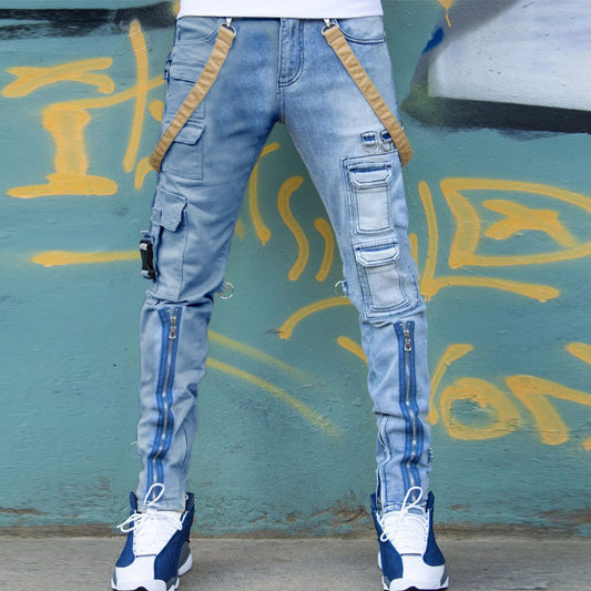 Color Block Wash Jeans Men's Trendy Brand Slim Straight-leg Pants - Clothing Personality