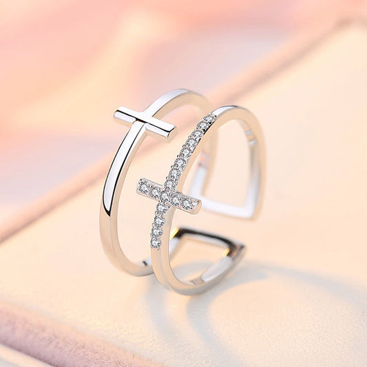 Double Cross Miniature Copper Inlaid Zircon Ring - Clothing Personality
