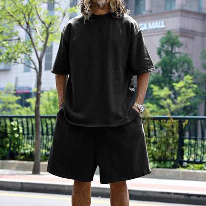 2pcs Loose Sports Shorts Set Suits Summer Round Neck Short Sleeve T-shirt And Drawstring Pockets Shorts Casual Solid Color Set Mens Clothing - Clothing Personality