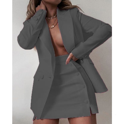 Women's Professional Work Blazer Mini Skirt Solid Color Bold Suit Short Skirt Two-piece Set