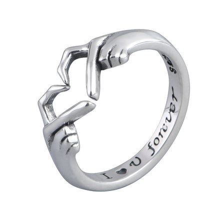Romantic Heart Hand Hug Fashion Ring For Women Couple Jewelry Silver Color Punk Gesture Wedding Men Finger Accessories Gifts - Clothing Personality