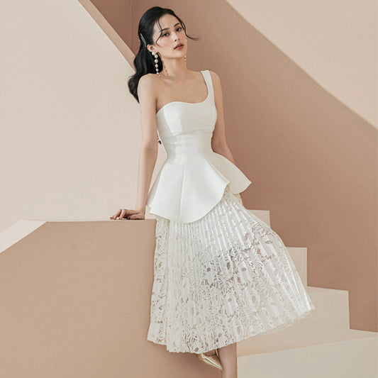 One-shoulder Asymmetric Long Suit Dinner Party White Dress Skirt Women - Clothing Personality