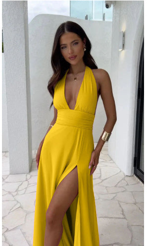 Sexy Halterneck V-neck Slit Dress Summer Backless Strappy Skirt Fashion Temperament Clothing Women - Clothing Personality 
