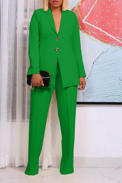 Women's Solid Color Suit Collar Two Button Two-piece  Pants Set Suit Business
