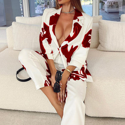 Women's Professional Casual Elegant Business Suit Top Vintage Printed Suit - Clothing Personality