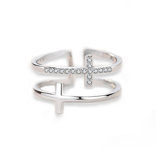 Double Cross Miniature Copper Inlaid Zircon Ring - Clothing Personality