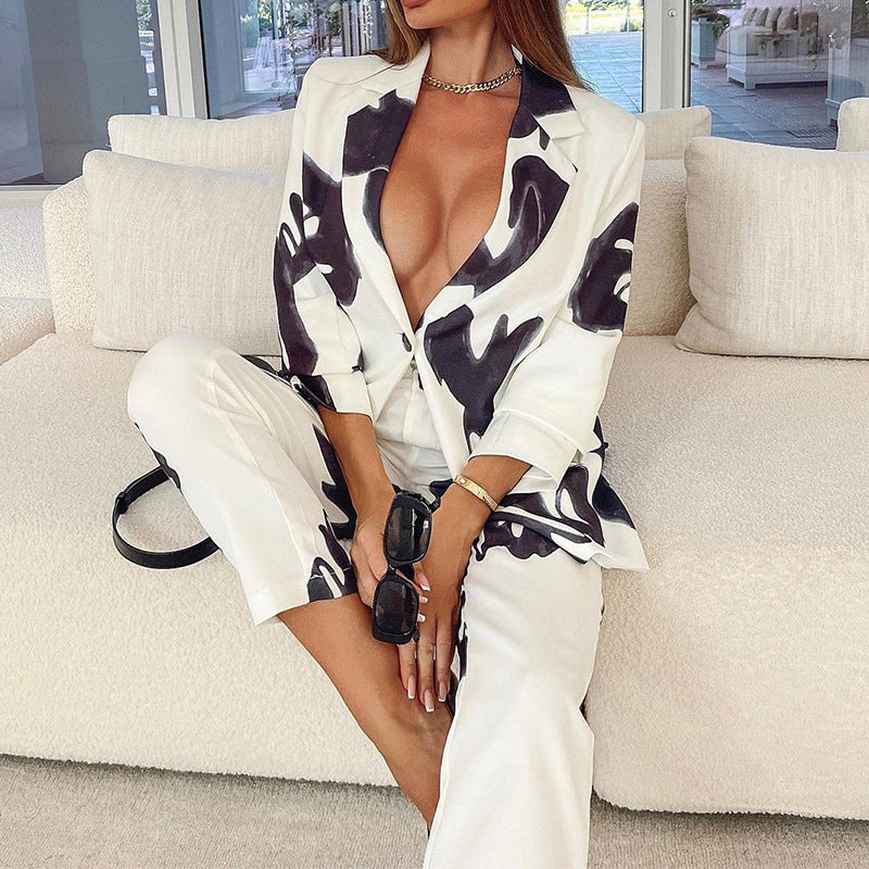 Women's Professional Casual Elegant Business Suit Top Vintage Printed Suit - Clothing Personality