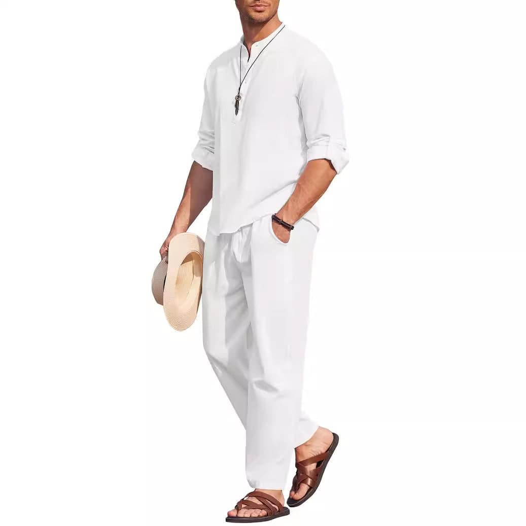 Men's Solid Color Casual Cotton Linen Pants Set Short Sleeve Trousers Suit Side View Clothing Personality 