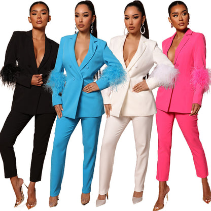 Women's Ostrich Fur Two-piece Lapel Pants Suit - Clothing Personality