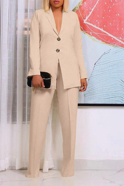 Women's Solid Color Suit Collar Two Button Two-piece  Pants Set Suit Business