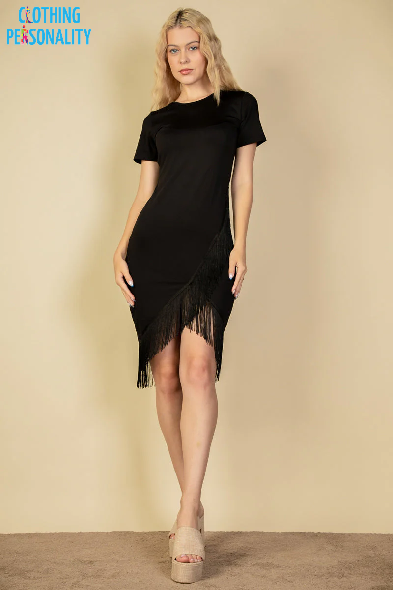 Fringe Hem Short Sleeve Bodycon Midi Pencil Dress (CAPELLA)