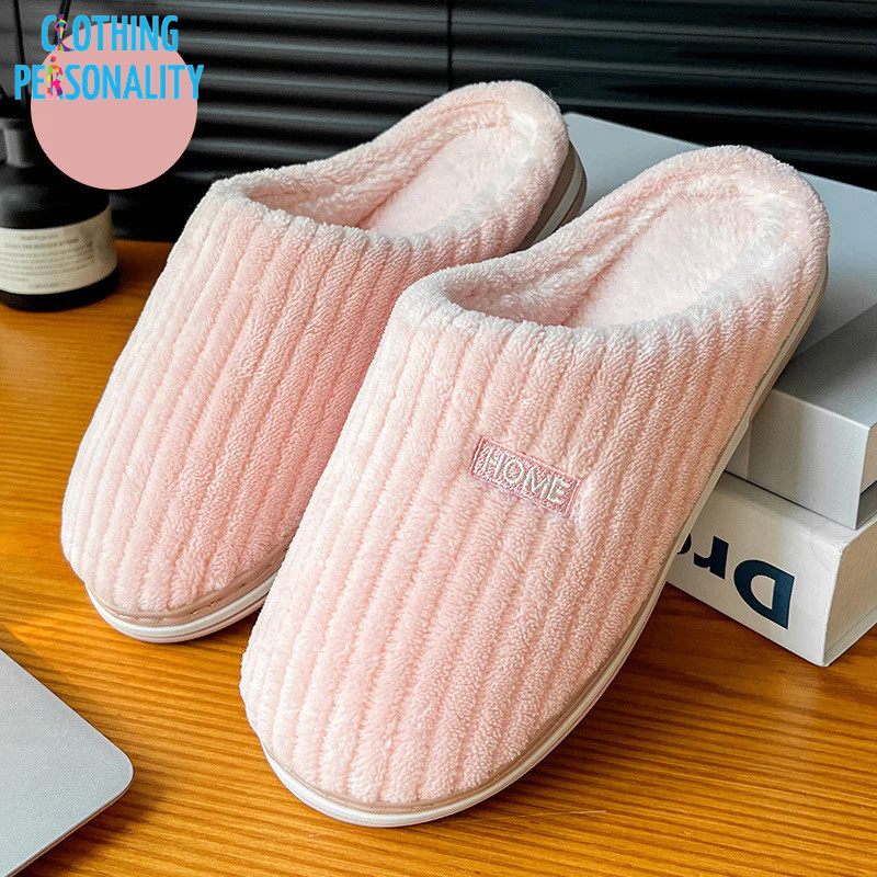 Solid Color Simple Cotton Slippers Winter Non-Slip Home Warm Plush Slippers Household Indoor Couple Women'S House Shoes