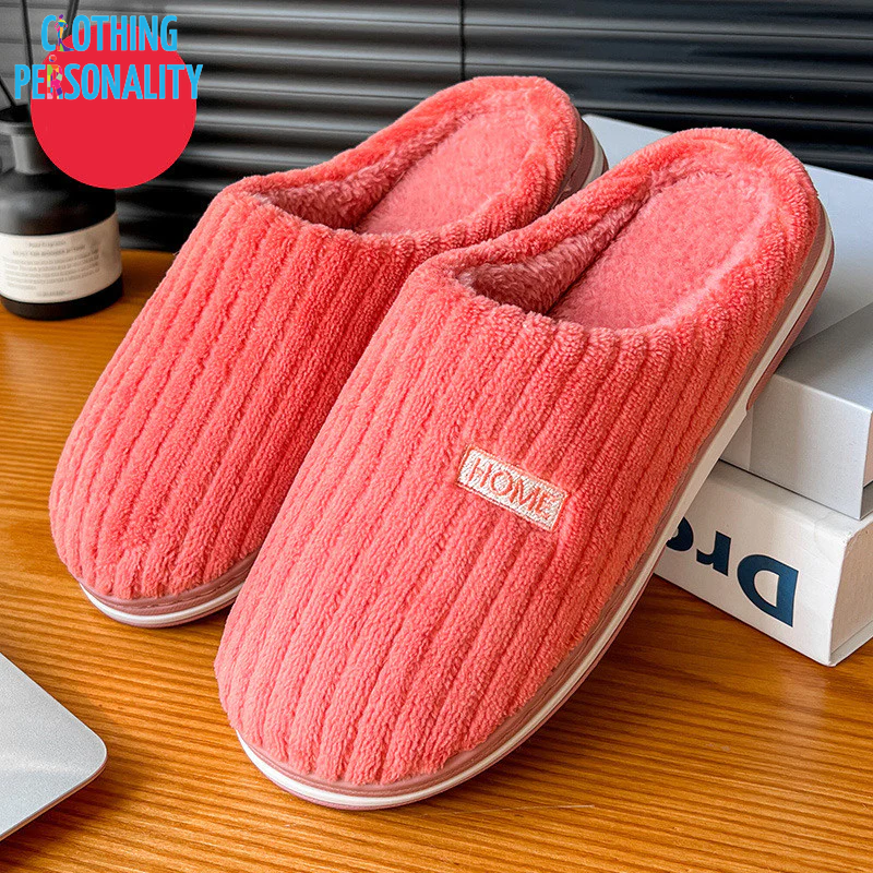 Solid Color Simple Cotton Slippers Winter Non-Slip Home Warm Plush Slippers Household Indoor Couple Women'S House Shoes