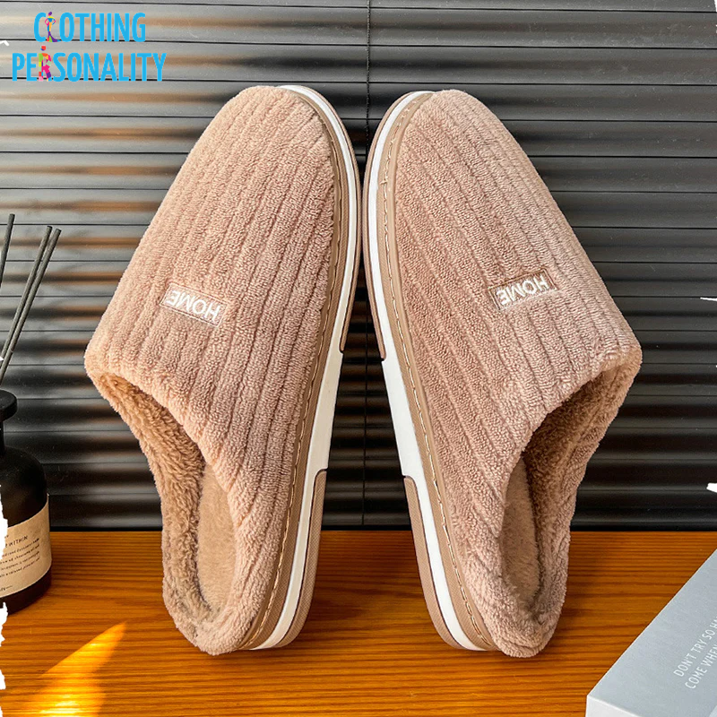 Solid Color Simple Cotton Slippers Winter Non-Slip Home Warm Plush Slippers Household Indoor Couple Women'S House Shoes