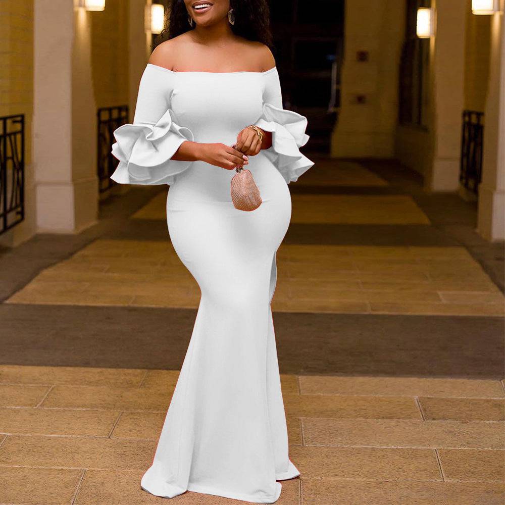 Women's Off-Shoulder Flower  Ruffled Sleeve Mermaid Maxi Bodycon Gown Dress Solid Color Evening Dress S-3x Dress White Model