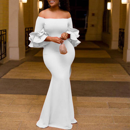 Women's Off-Shoulder Flower  Ruffled Sleeve Mermaid Maxi Bodycon Gown Dress Solid Color Evening Dress S-3x Dress White Model