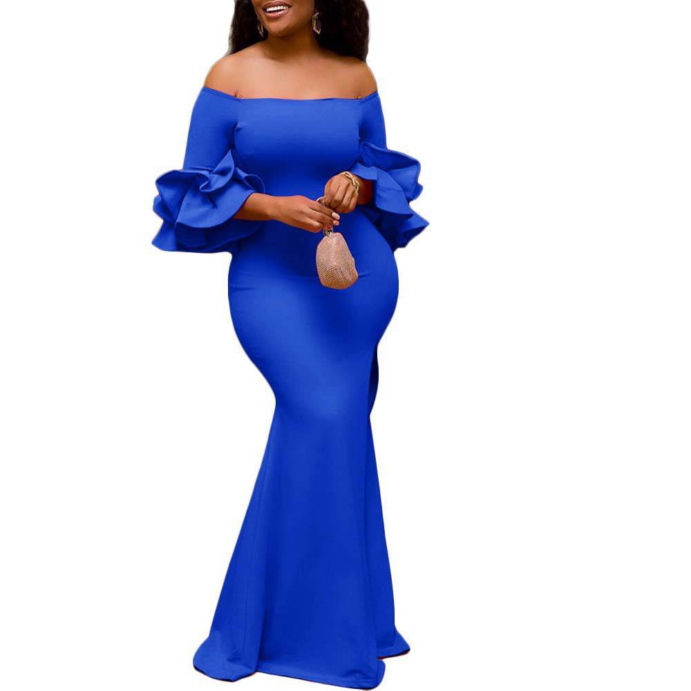 Women's Off-Shoulder Flower  Ruffled Sleeve Mermaid Maxi Bodycon Gown Dress Solid Color Evening Dress S-3x Dress Blue